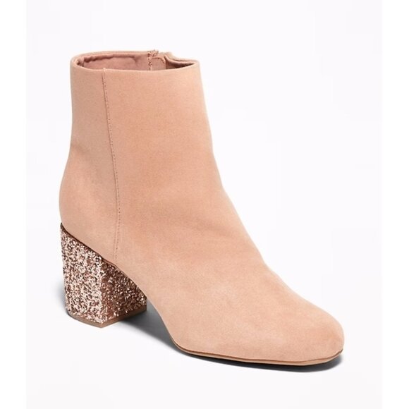 NWOT Old Navy blush block glitter heeled faux suede booties, 6 - Picture 1 of 10